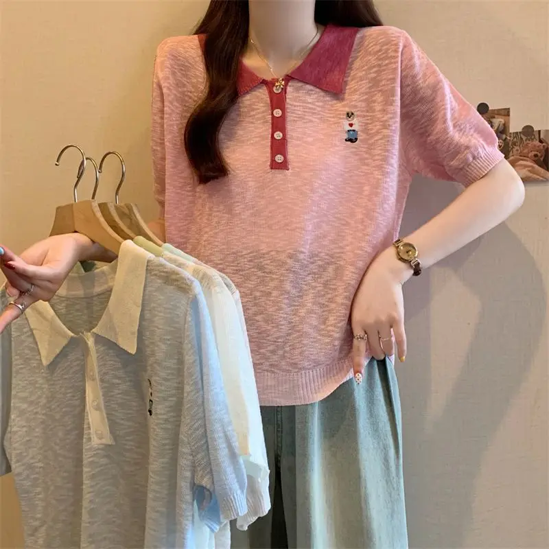 

Summer 2025 New Korean Contrasting Color POLO Collar Bear Embroidery Breathable Ice Silk Transparent Thin Women's Top Outside