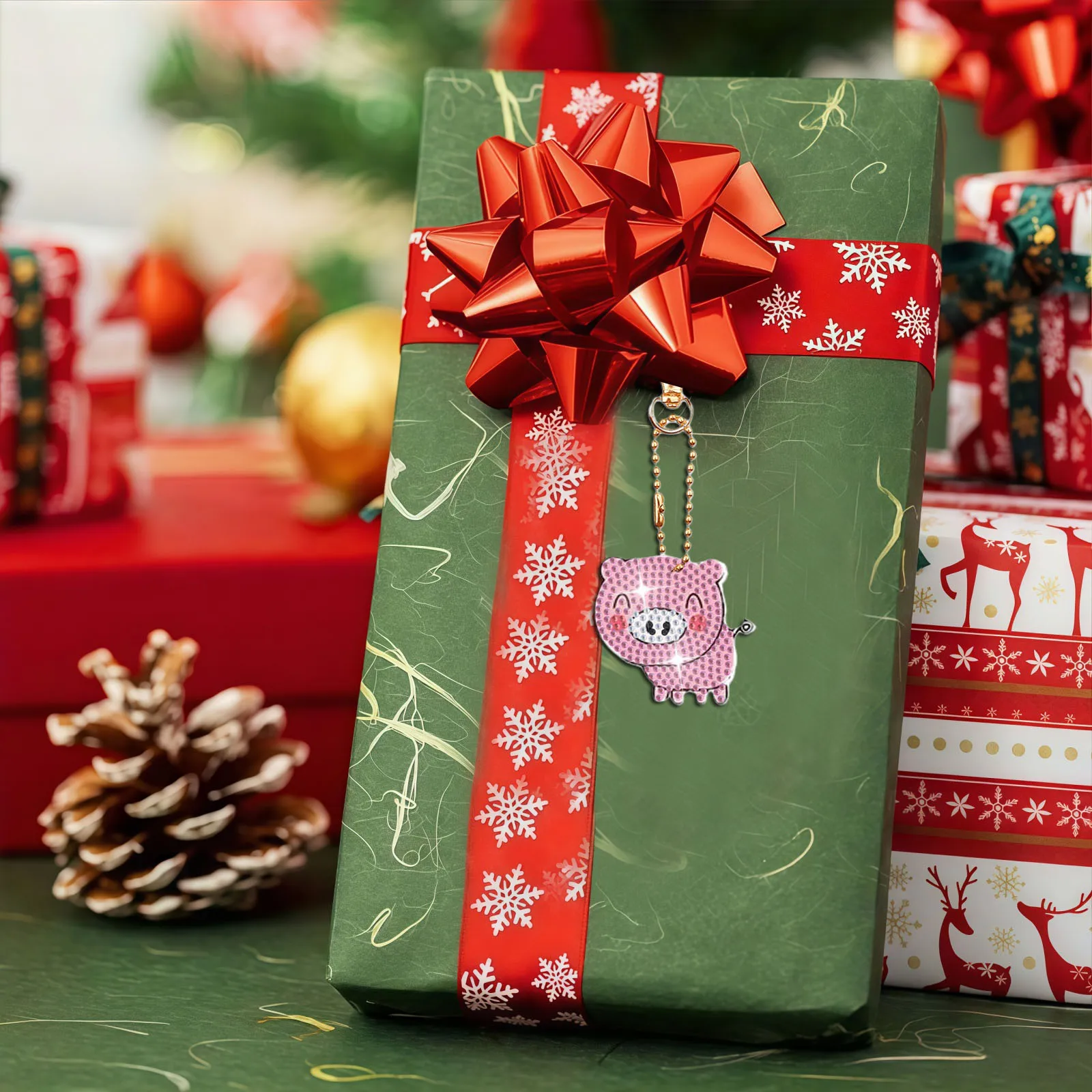 8 أطقم تزيين سلسلة مفاتيح مطلية بالألماس الكريستالي على الوجهين والخنزير والخنزير والتنين والعجل #5