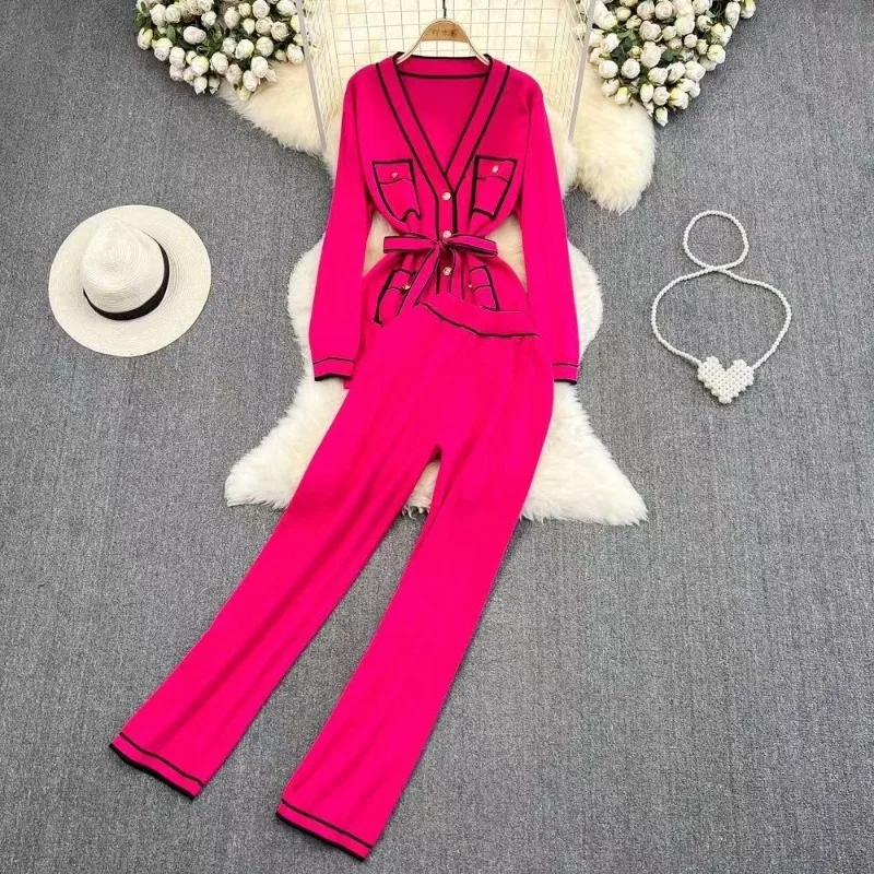 Women's Spring and Autumn Vintage V-neck Contrast Button Long Sleeved Knitted High Waist Straight Leg Wide Leg Pants Set of Two