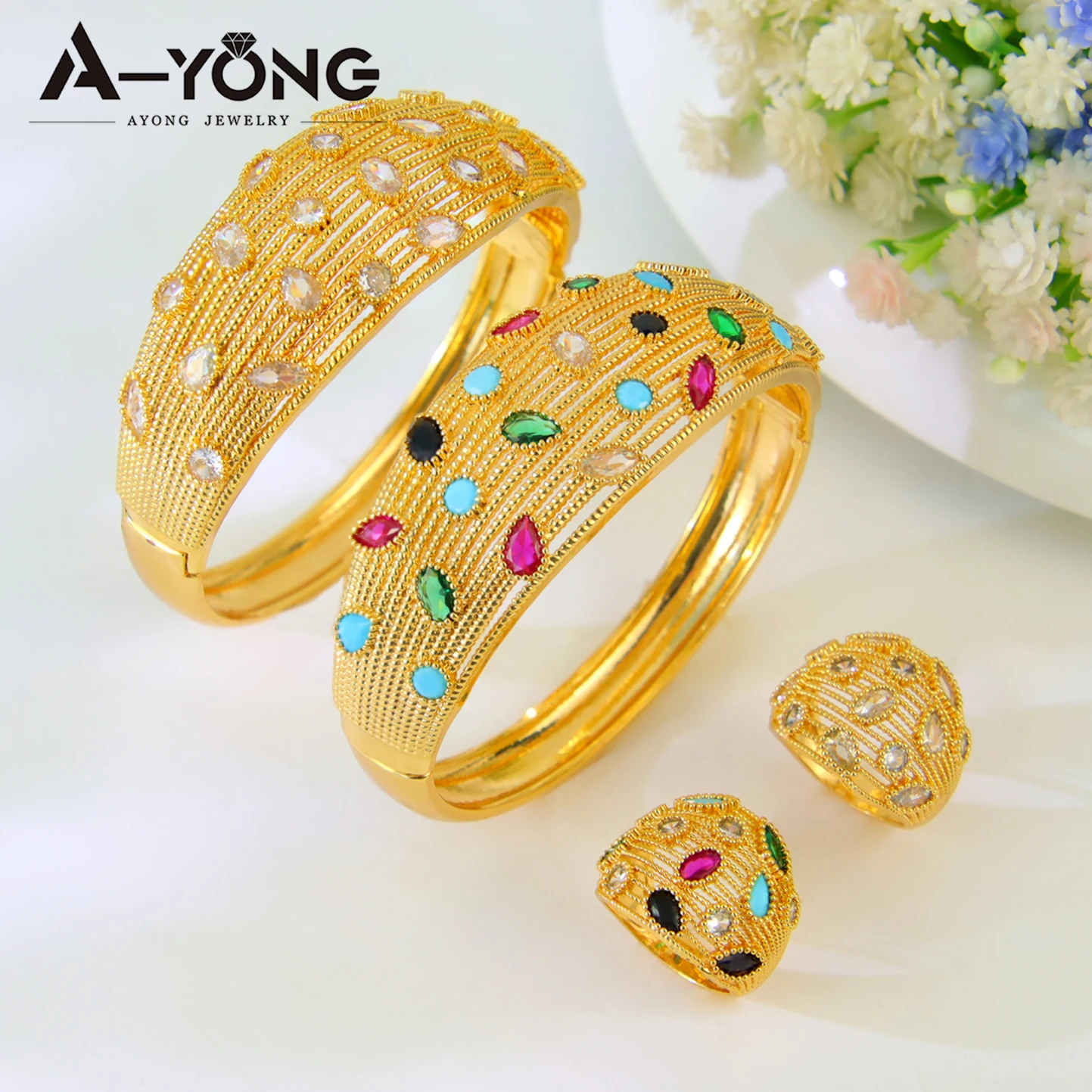 

Dubai Fashion Zirconia Jewelry Set 21k Gold Plated Arabic Premium Opening Bangles Ring Moroccan Women Wedding Jewelrys