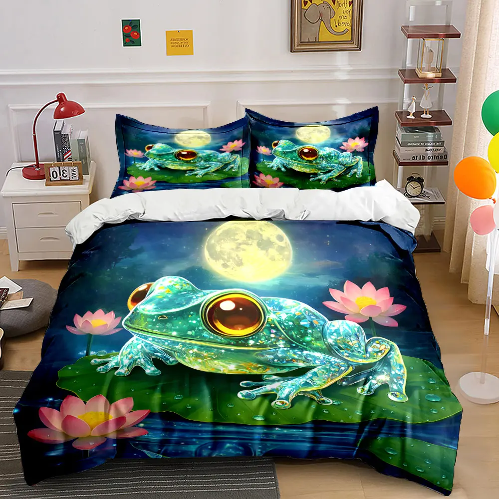 Sparkling Frog On Lotus Leaf Moonlight Print Bedding Set 1Duvet Cover 2Pillowcases for Adult and Children Luxury Gift Full Size