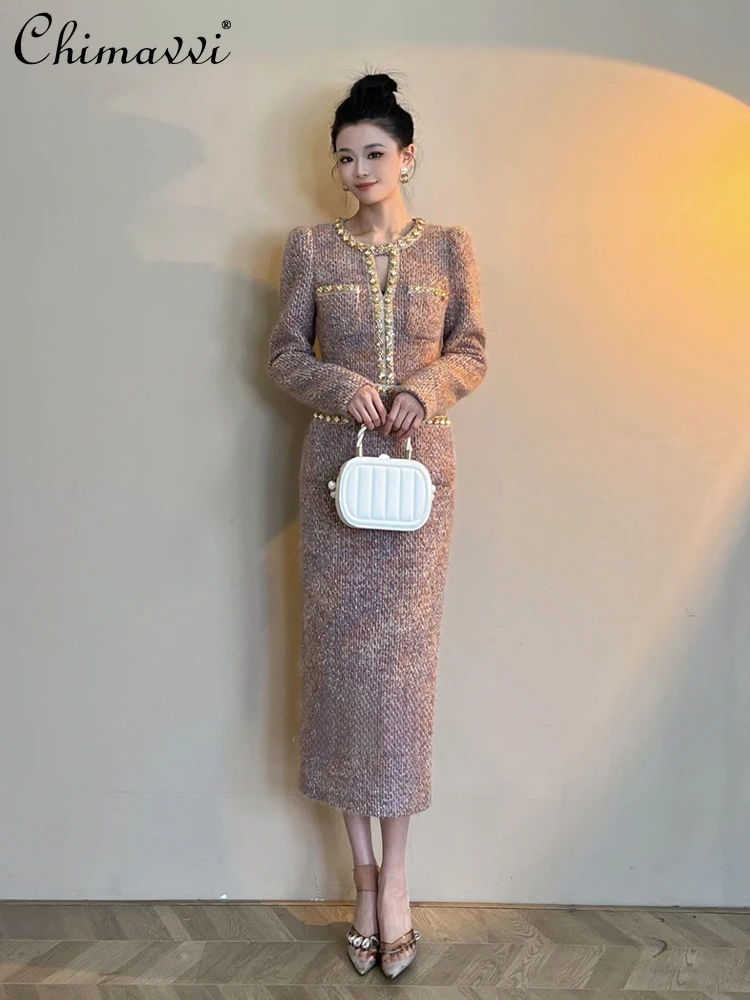 

European Station Hig-end Thick Tweed Dress 2025 Autumn Winter Fashion Elegant Slim Fit Socialite Mid-Length Women's Dress