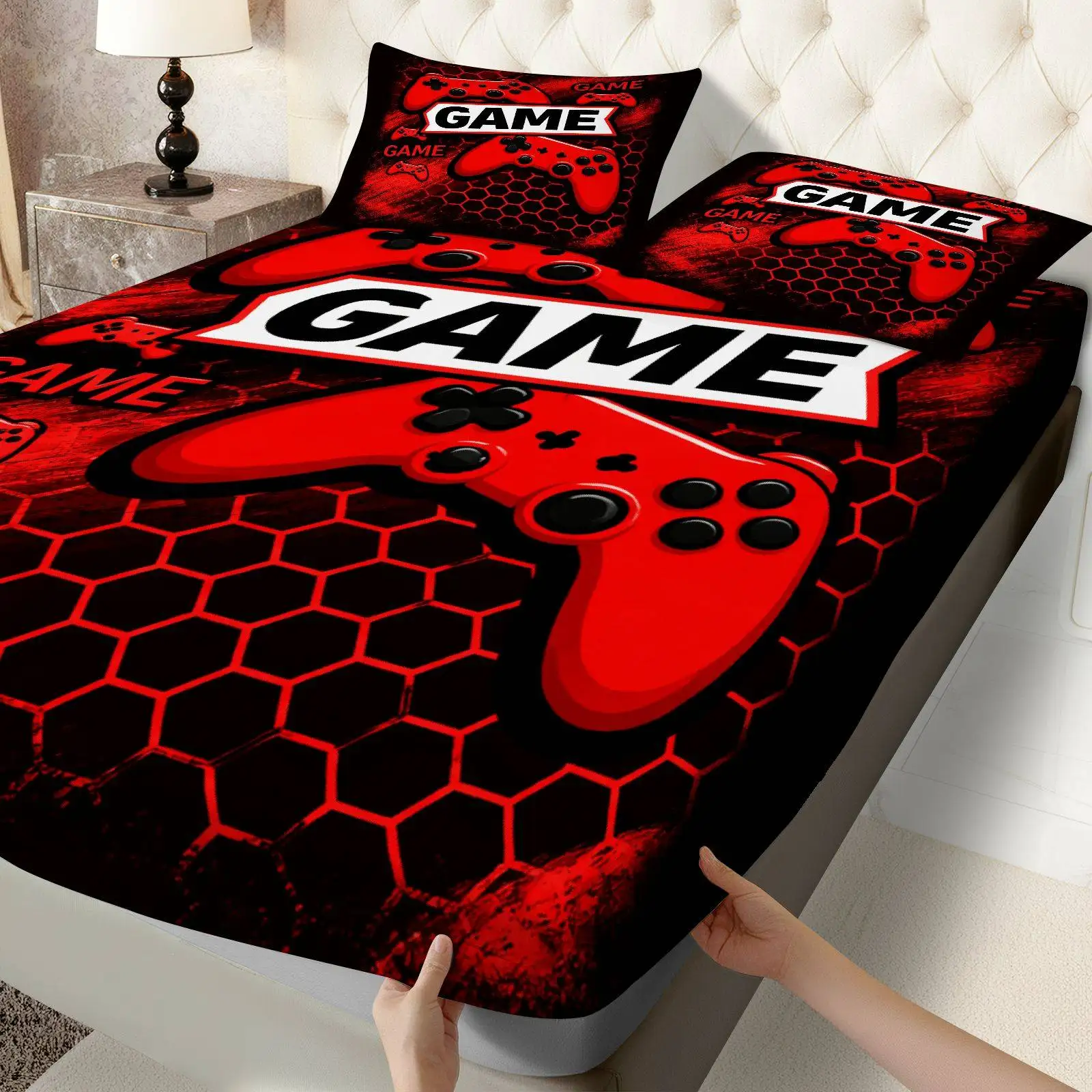Digital Print Bed Sheet Set, Bedding (includes 1 bed sheet + 2 pillowcases), Game Controller, Red, Game Theme, Room Decoration, Elastic Bed Sheet Style, Protective Cover, Mattress Protector, Suitable for All Seasons, Machine Washable Design, Holiday Decoration, Various Sizes, Breathable Protective Cover with Pillowcases