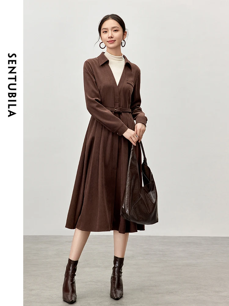 SENTUBILA Patchwork Spliced Dress for Women 2024 Winter Fashion 2 in 1 Half Hight Collar Sashes Folds Pullovers Dress 144L56831