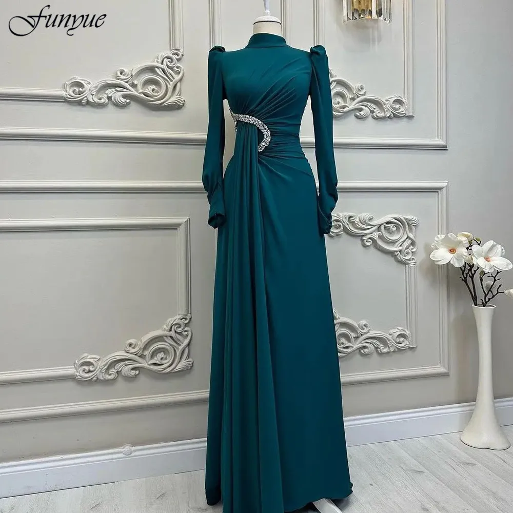 Funyue Long Sleeve Muslim Formal Occasion Dresses Crystal Hijab High Neck Chiffon Evening Gown Saudi Arabic Vestidos De Noche