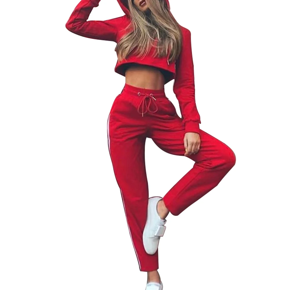Women's Cotton Blend Short Hoodies Tracksuit Set with Drawstring Waist Casual Sporty Outfit for Everyday Wear Red M