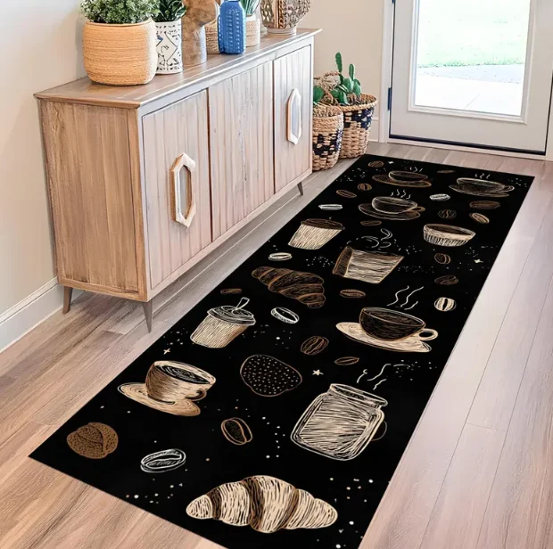 Coffee Pattern Runner Rug Brown Latte Beans Carpet Cozy Black Design Modern Kitchen  Living Room Home Decor