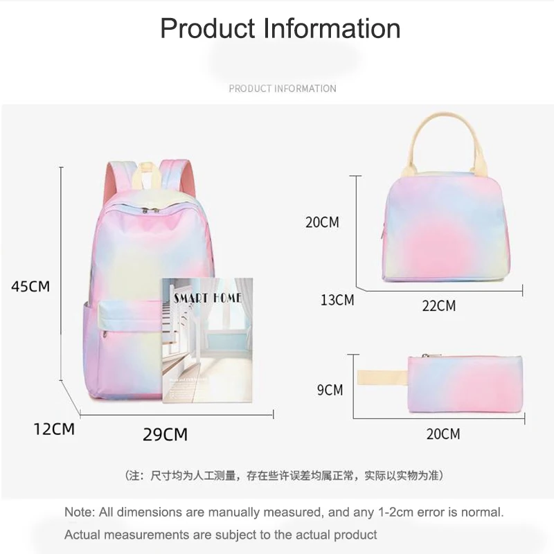 Buylor Three Pieces Fashion Cute Student School Bag, With Lunch Box Bag,Lightweight Large Capacity Zipper Backpack Woman And Man