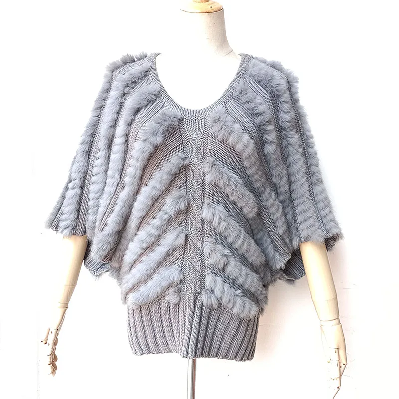 

Women Autumn 2023 Knitted Real Rabbit Fur Poncho Fashion Loose Knitted Cape Female Knitted Sweater Pullover