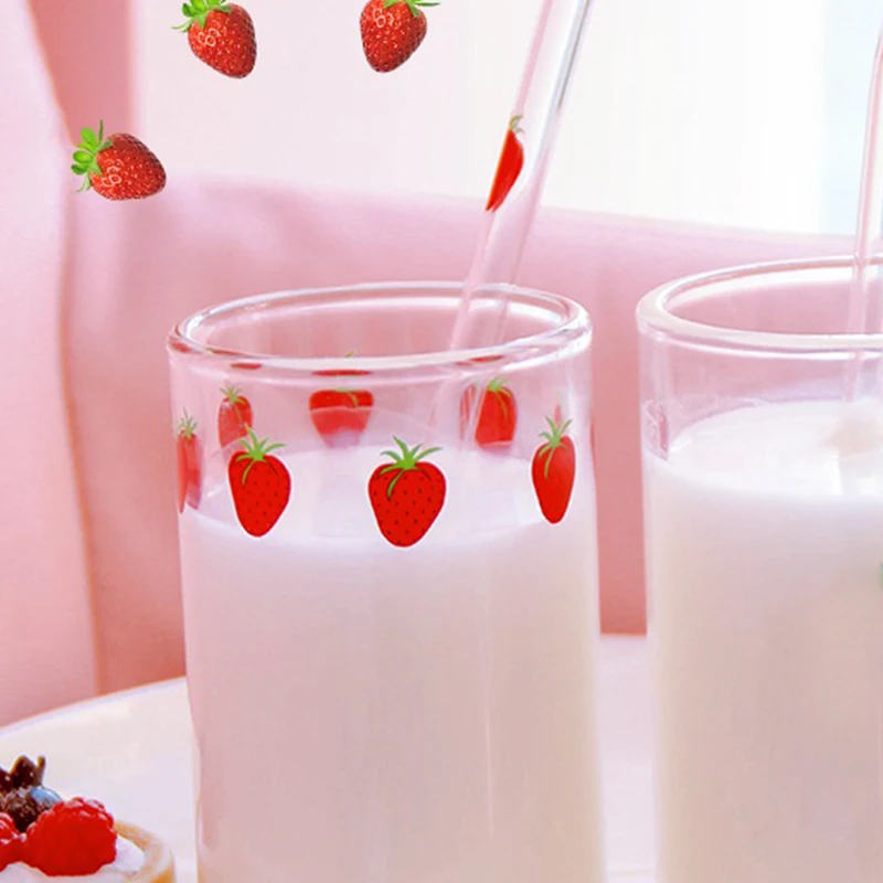 Strawberry Glass Cup Cute Transparent Coffee Milk Cold Drinks Tumbler Home Office Heat Resistant Printed Cups Glass Straw