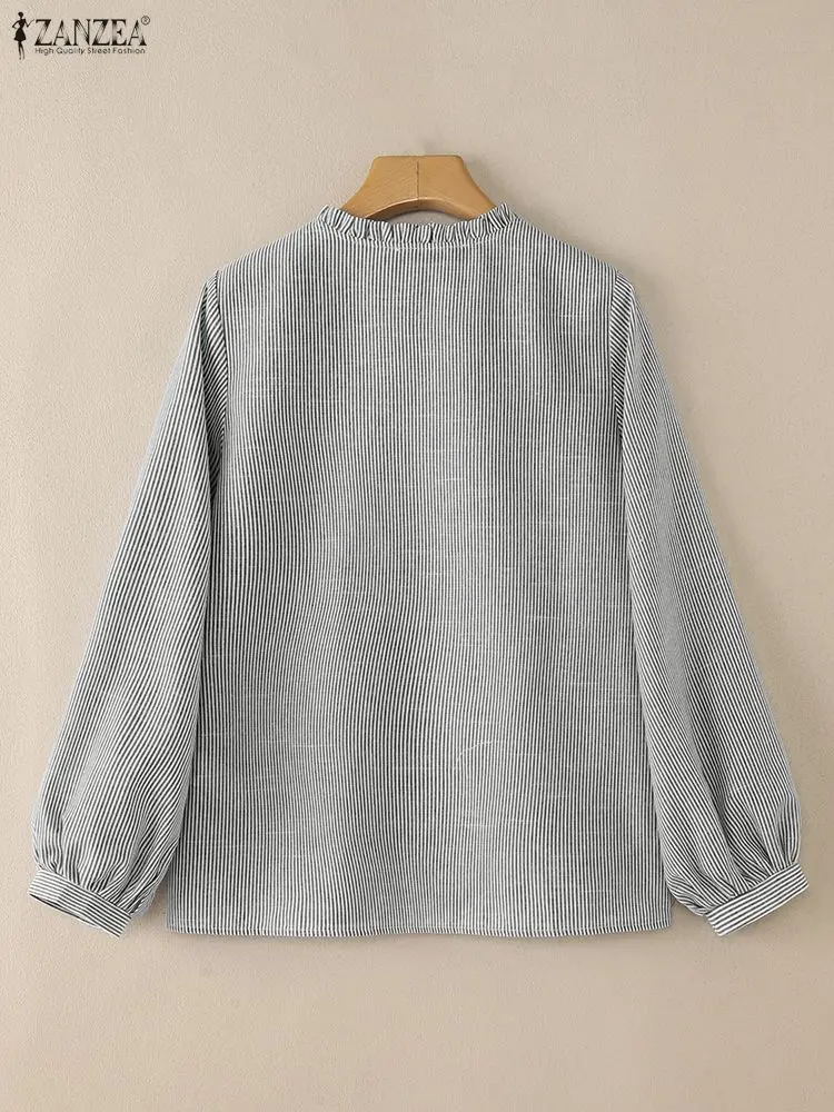 カジュアル女性ピンタック詳細ストライプシャツ秋 2025 フリル O ネックランタンスリーブボタンアップトップス ZANZEA 女性服 S-3XL