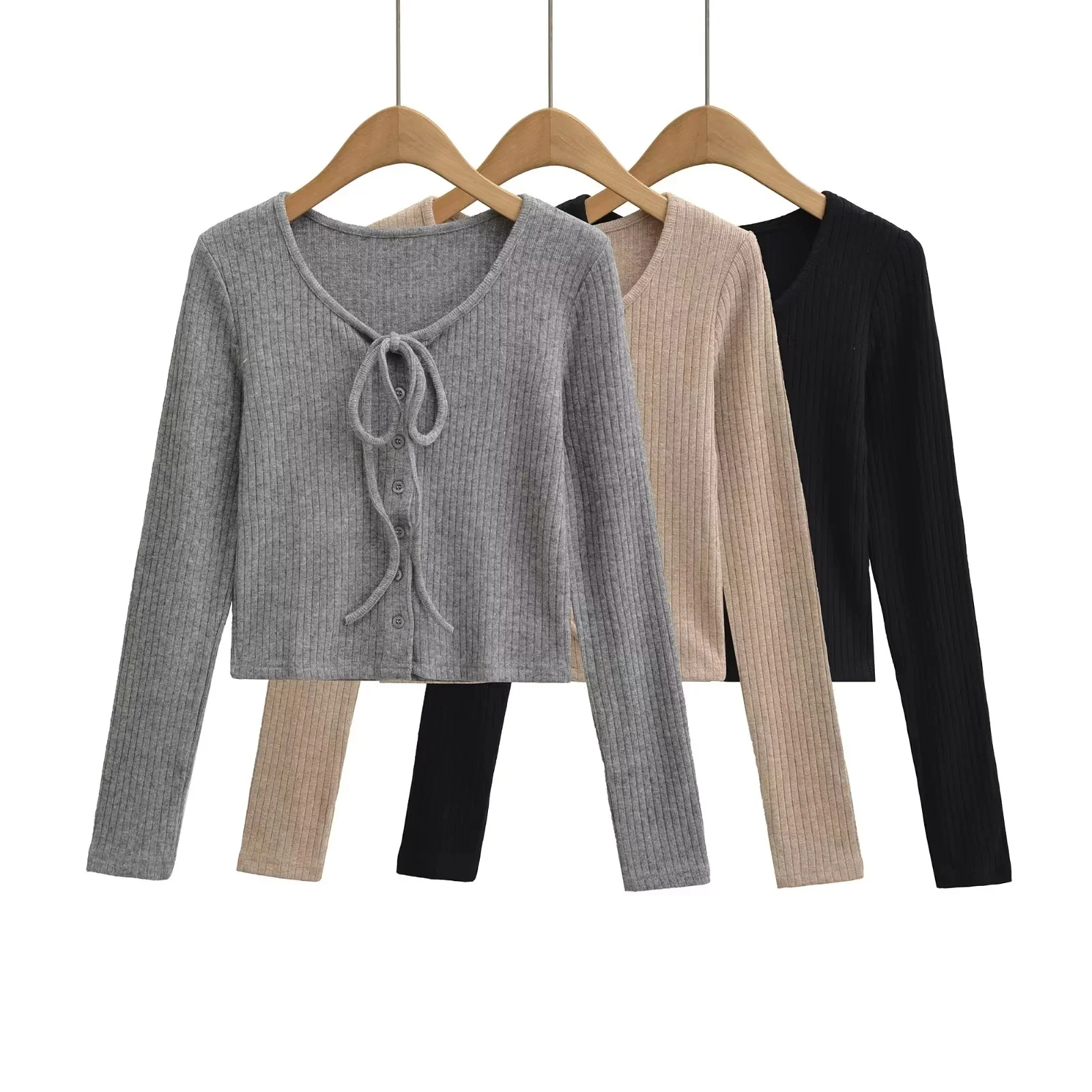 Pure Desire Drawstring Knot Long Sleeve Knitted T-Shirt Slim Fit Sexy Spicy Girl Inner Wear Top Spring 2026 New Arrival