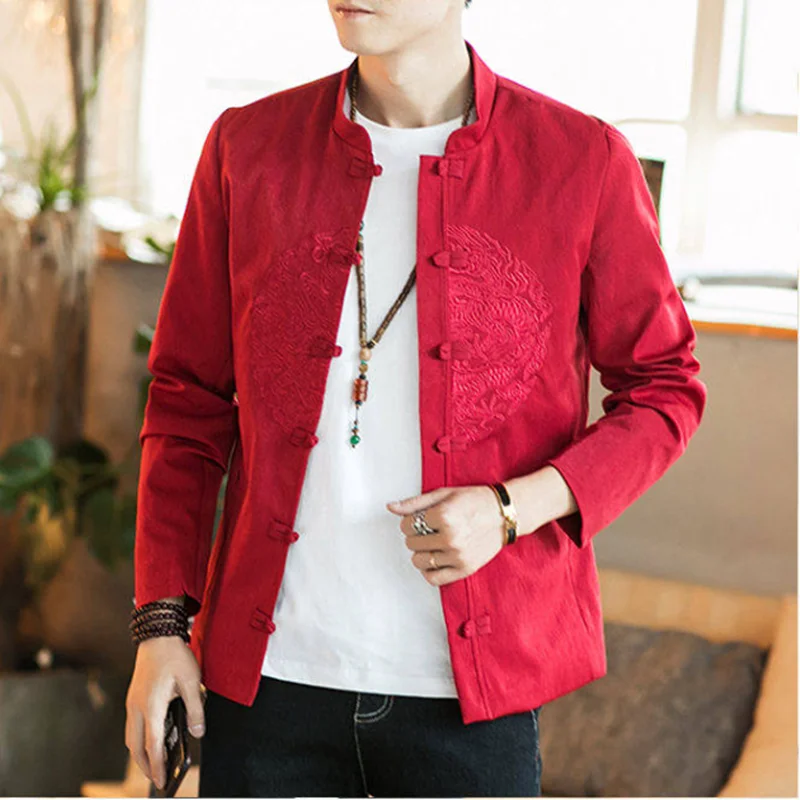 

Мужская деловая повседневная куртка в китайском ретро-стиле с воротником-стойкой, красное пальто с вышивкой, идеально подходящее для свадьбы, топ для танцевальной вечеринки