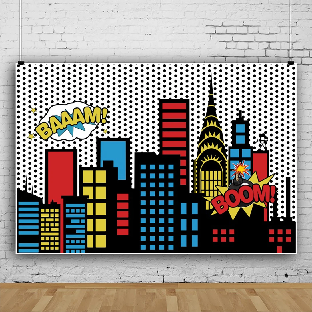 Superhero Baby Shower Birthday Backdrop City Building Super Hero Party Photography Background Photo Studio Custom Name Banner