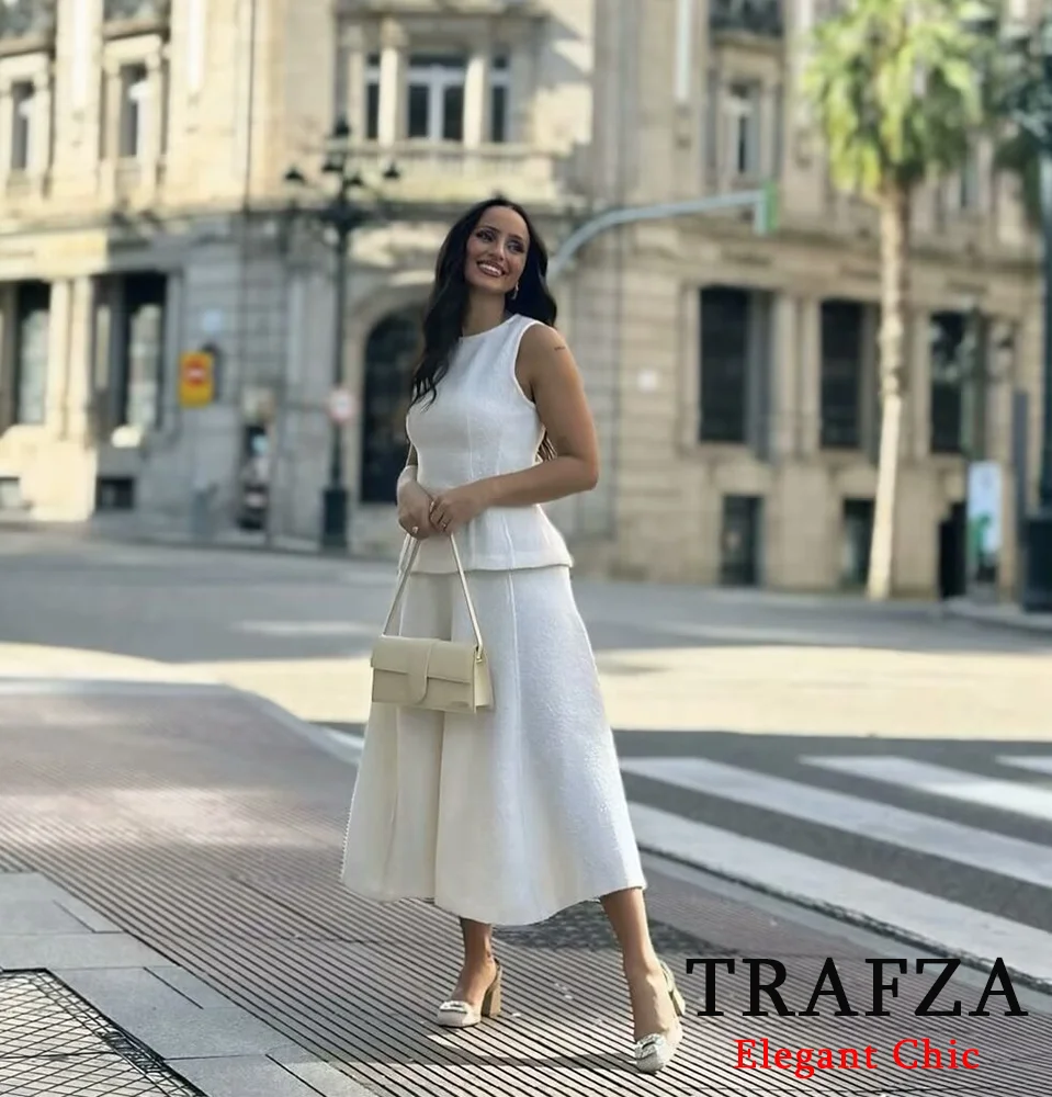 TRAFZA Women Elegant Beige Skirt Set Sleeveless Tank Top and A-line Skirt 2025 New Spring Fall High Street Vacation Skirt Set