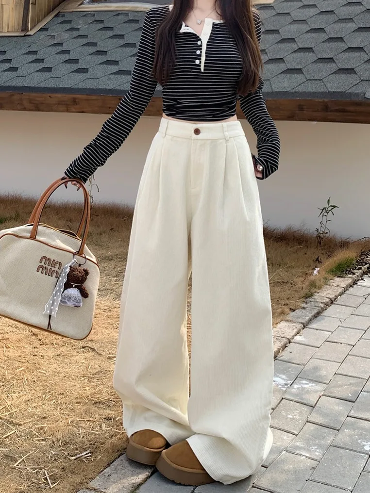 Pantalones de pana de corte ancho estilo relajado para mujer, versátiles para otoño, de cintura alta y ajuste holgado, pantalones casuales.