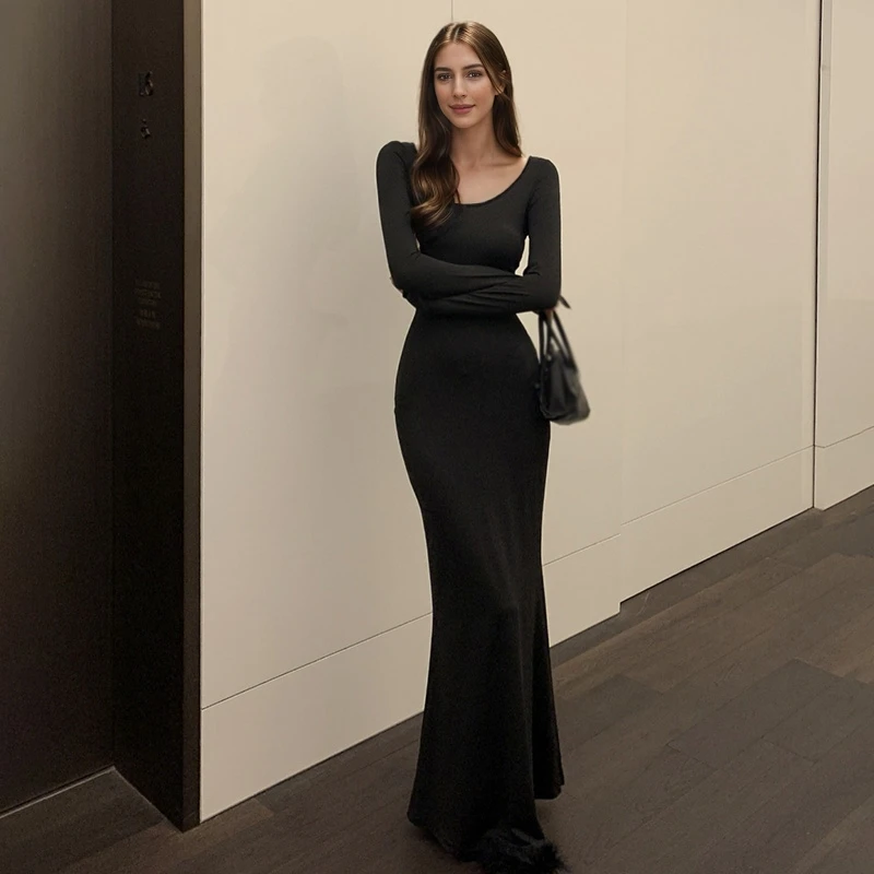 

Elegant Woman's Long Bodycon Dress Square Neck Casual Party Club Slim Fit Dress Solid Color Long Sleeve Korean Version Autumn
