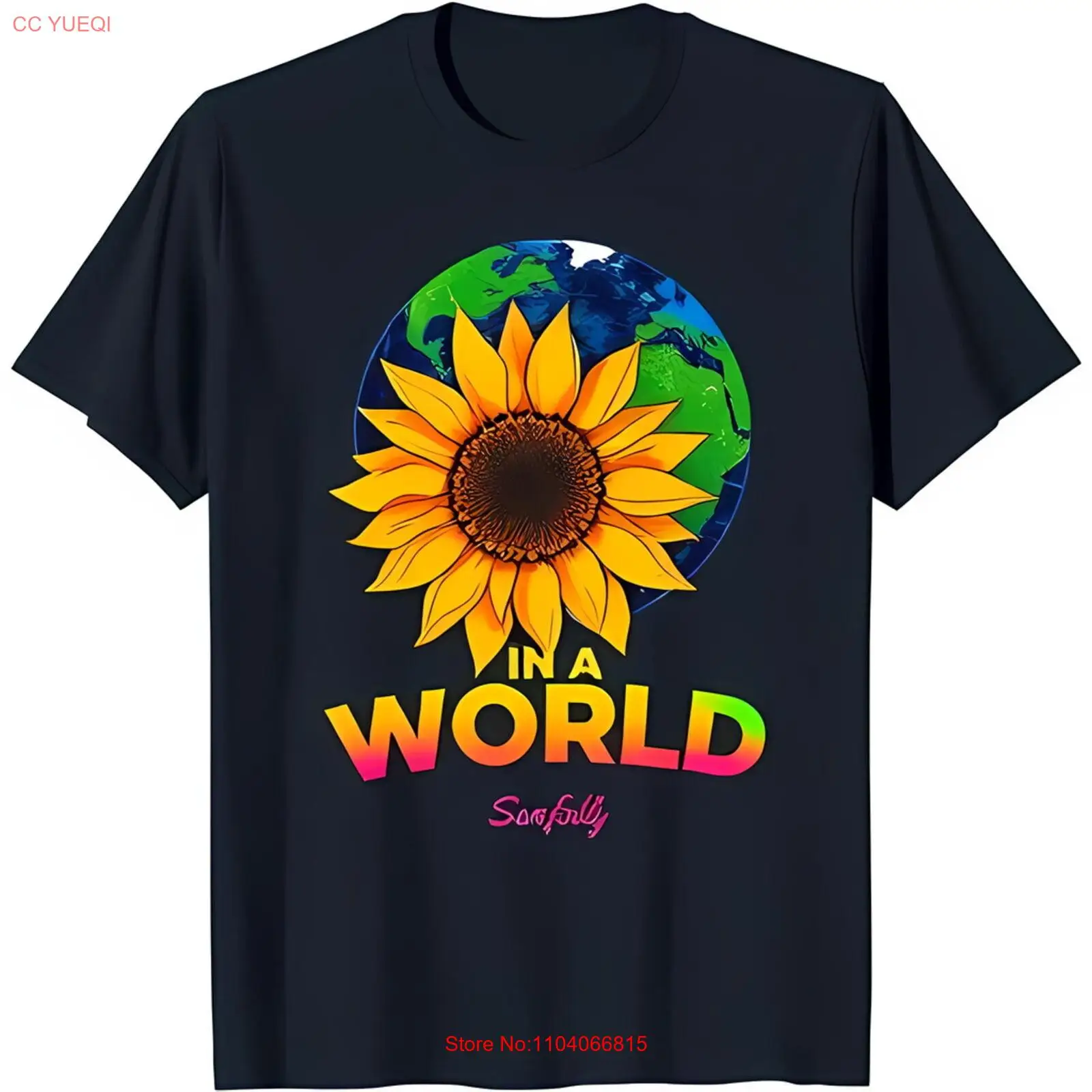 Vibrant Black T-Shirt with Sunflower & Globe Graphic In a World Soarfully