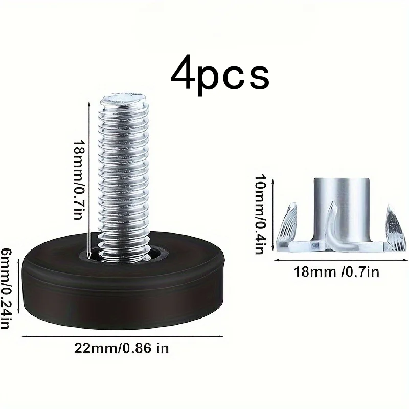 4 pies niveladores de muebles. |   Rosca M6, instalación sin herramientas, antideslizante, resistente, altura ajustable, tuerca en T |   Para: Hogar