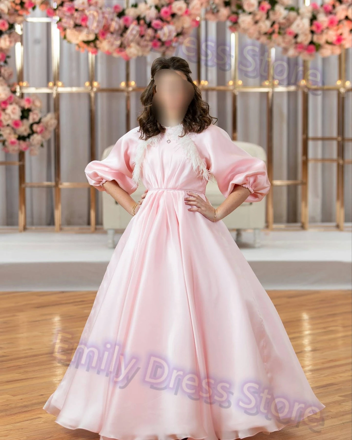

Customized Evening Dress Women Beaded Satin Elegant Floor Length Bridal Formal Feather Ball Gowns Pink Bridesmaid Pageant Dress