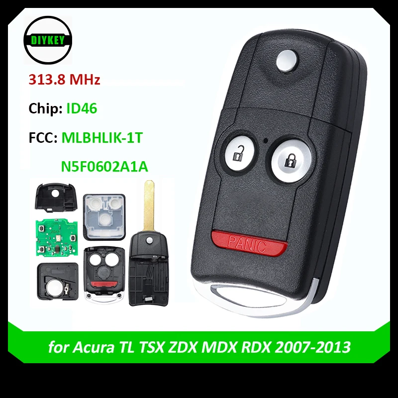 

DIYKEY Remote Key Fob for Acura TL TSX ZDX RDX MDX 2007-2013 - 313.8MHz ID46 Chip FCC: MLBHLIK-1T / N5F0602A1A Folding 3 Button