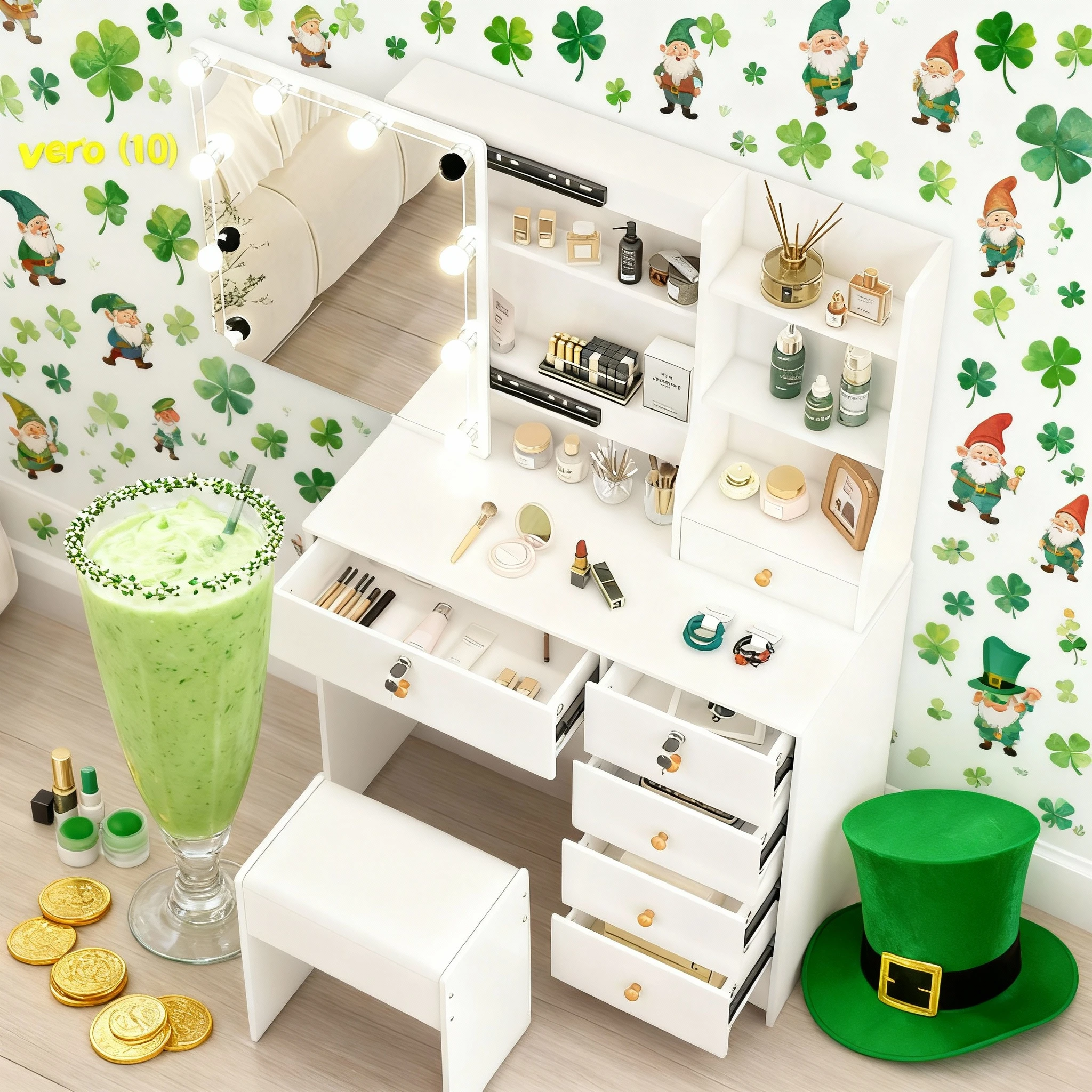 Dressing Table 6 Drawers LED Mirror Stool Set Vanity Table Bedroom Makeup Desk