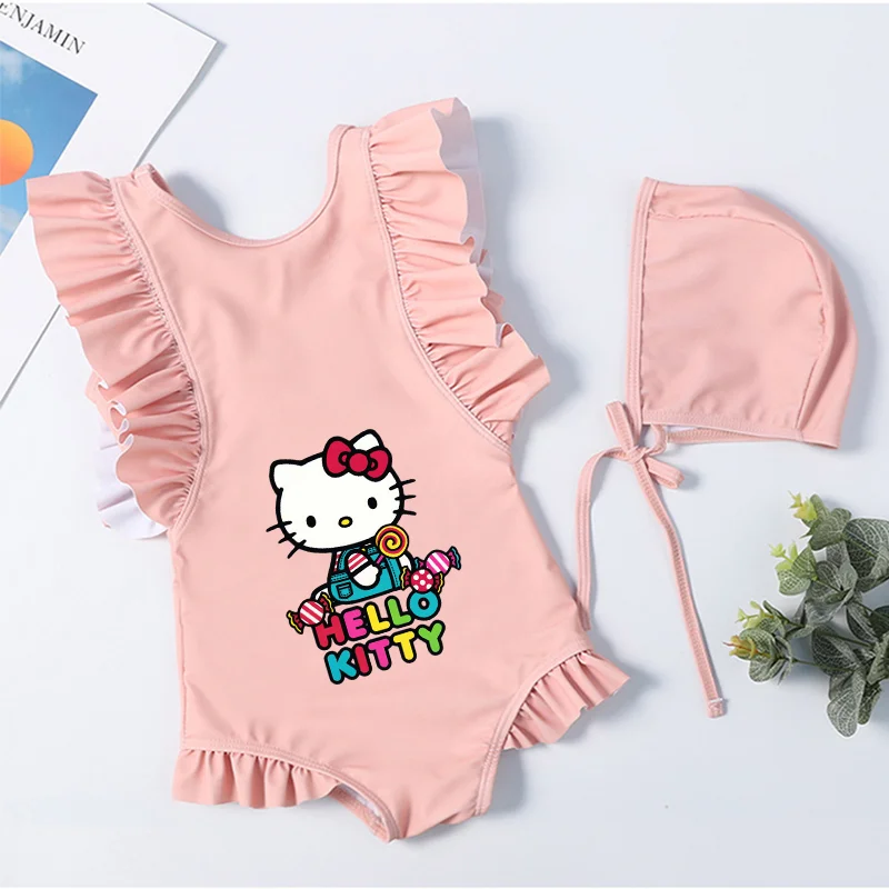 Hello Kitty-Maillot de bain pour enfants, vêtements d'été pour enfants, bikini une pièce, maillots de bain trempés, robes de plage, fibrGirls