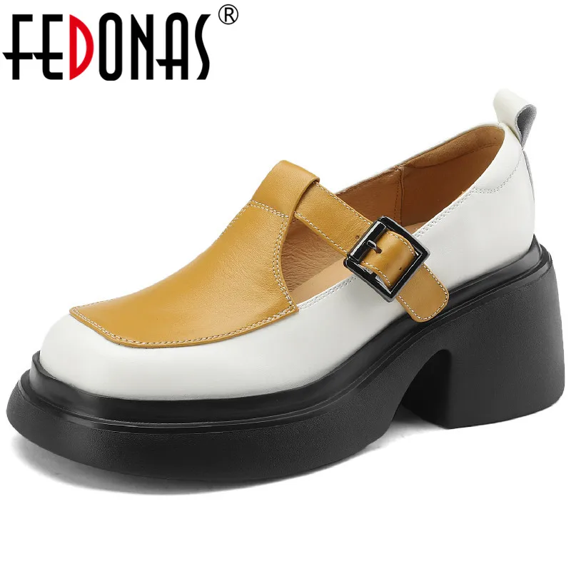 

FEDONAS Spring Summer Leisure Women Pumps Working Casual Platforms Thick Heels Mixed Colors Genuine Leather Shoes Woman Newest