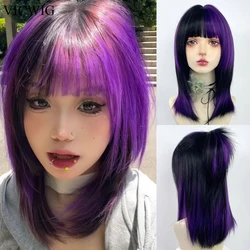 VICWIG Black Purple Short Straight Synthetic Women Wigs with Bangs Lolita Cosplay Natural Hair Wig for Daily Party