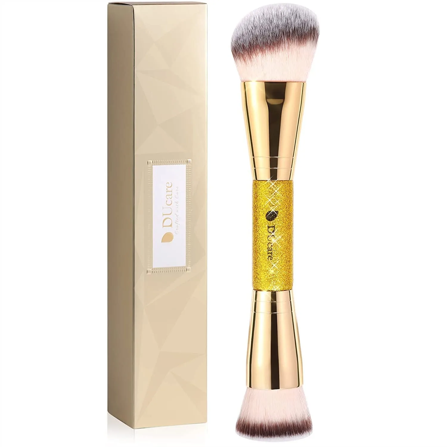 Brocha de Maquillaje de Doble Punta para Base y Contorno, Mango con Brillo Dorado, Herramienta 2 en 1 para Maquillaje Facial, para Líquidos, Cremas y Polvos