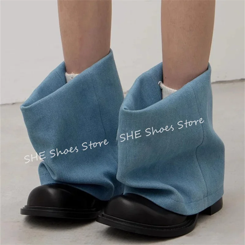

Fashion Mixed Color Denim Tube Women Boots Round Toe Chunky Heel Mid-Calf Ankle Boots Ladies Casual Big Head Short Boots