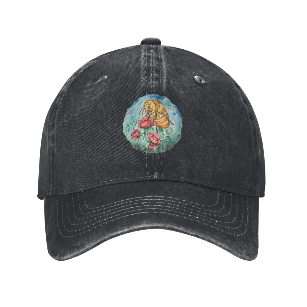 Watercolour bee collecting pollen from red flowers Baseball Cap sun hat Golf Cap Luxury Man Hat Men Golf Wear Women's