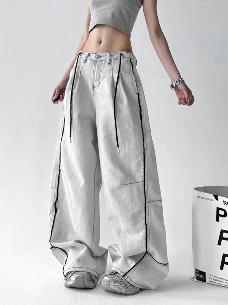 Streetwear Harajuku Wide Leg Jeans Women Vintage Lace Up Patchwork Denim Pants American Retro Loose Casual All Match Y2K Trouser