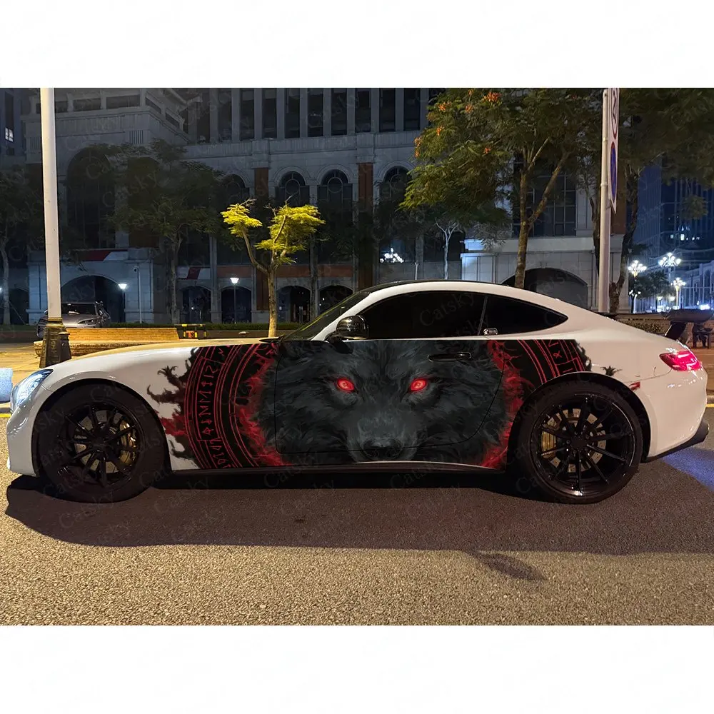 2pcs Red Rune Red-Eyed Black Wolf Car Side Wraps, Self-Adhesive PVC Waterproof & Scratch-Resistant Stickers, Car Accessory Gift