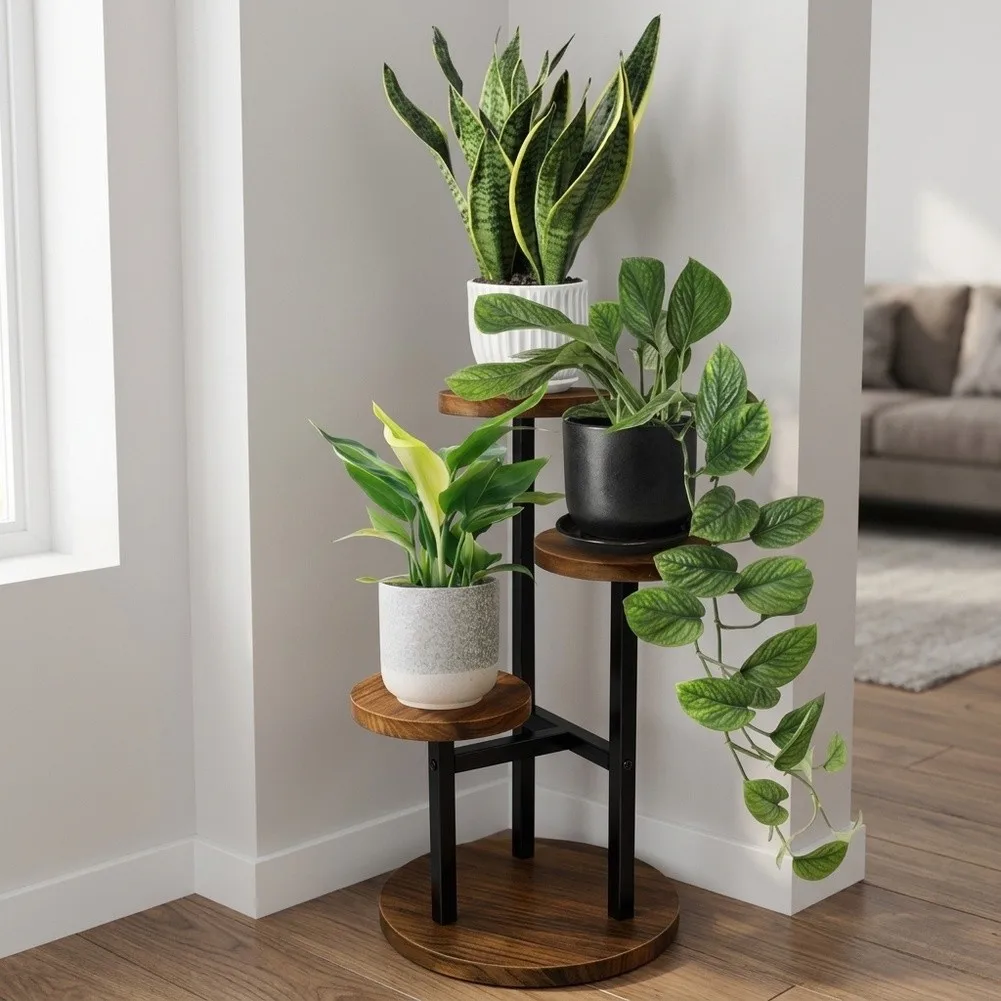 Three-Tier Wooden Plant Stand for Corner Display Using Thermally Stabilized Pine Wood and Noise-Reducing Floor Pads
