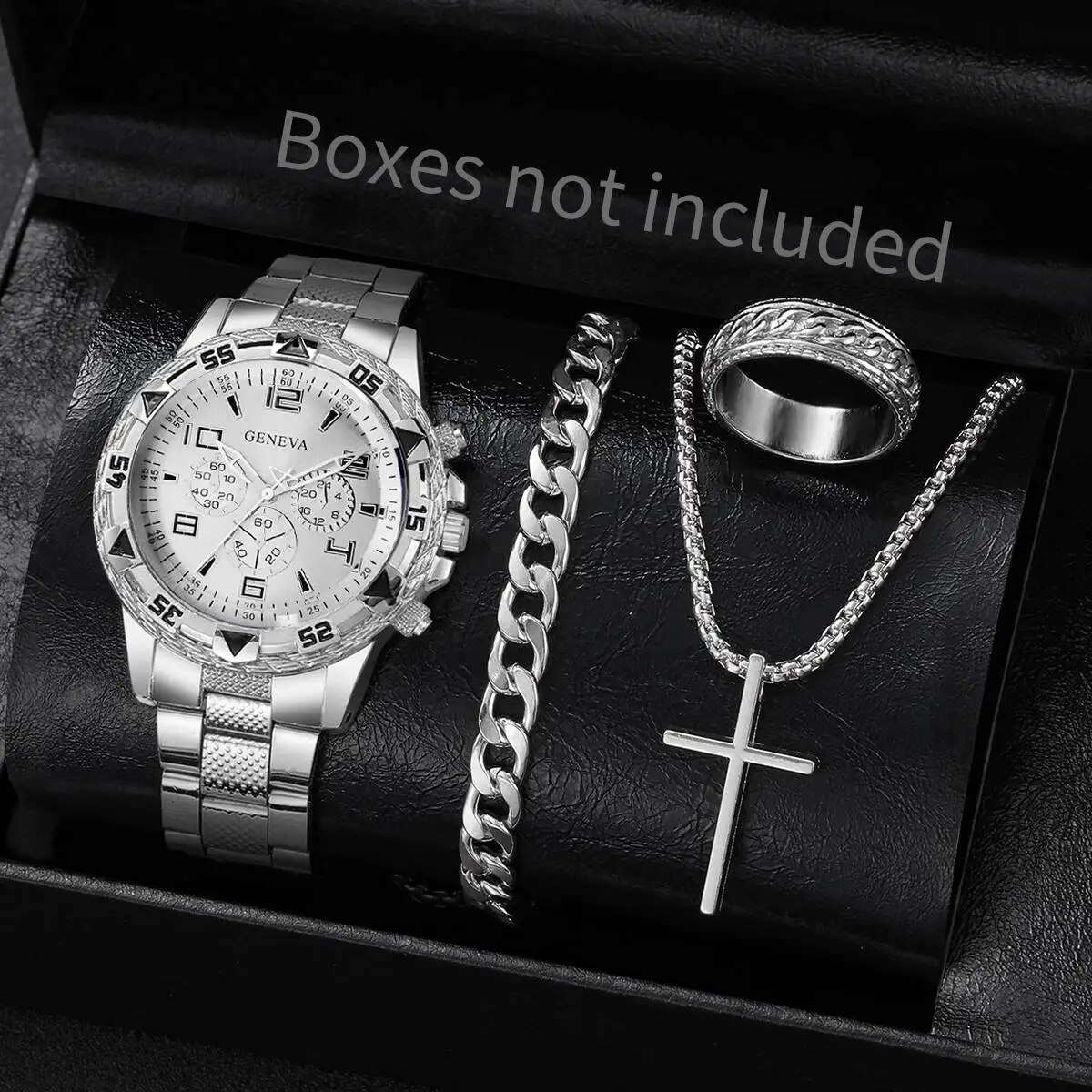 4PCS/Set Fashion Men Business Watches Luxury Big Dial Quartz Watch for Men Clock Jewelry Set Reloj Hombre（Without Box） view 4