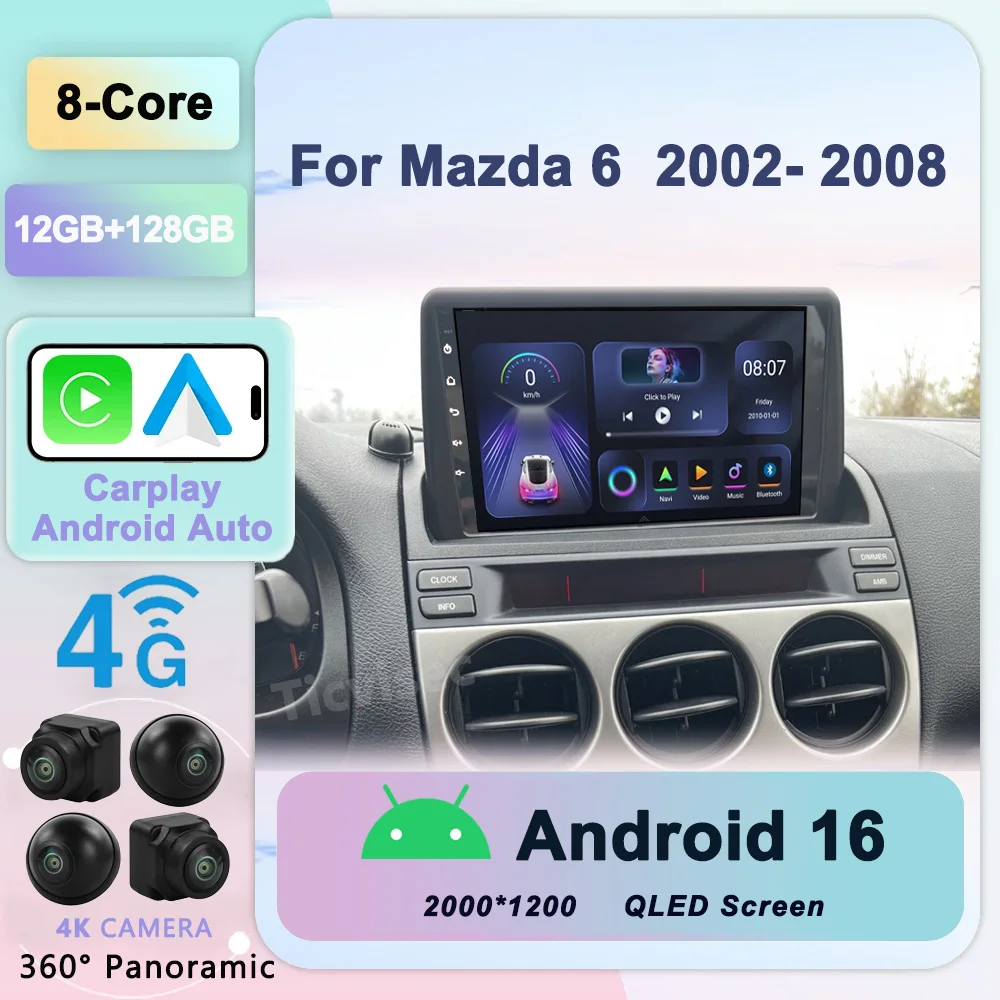 

Android 16 Auto For Mazda 6 2002- 2008 Car Radio Stereo Multimedia GPS Video Navigation Carplay Bluetooth Mirror Liink Camera