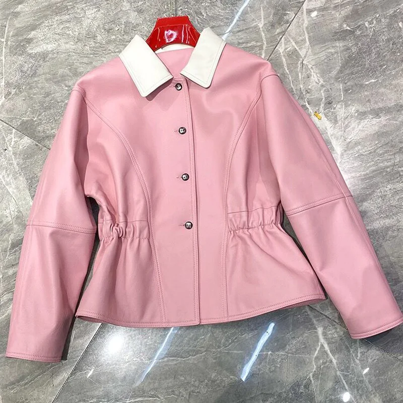 

Women Genuine Leather Lapel Jacket 2023 Spring Female Waist Retraction Single-Breasted Slim Short Coat Mujer Outwear Blazer Pink