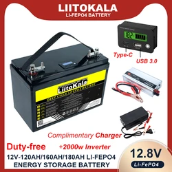 LiitoKala 12V 180ah/160ah LiFePO4 batteria all'aperto Touring car multifunzionale USB 3.0 Type-C Output 2000w 220v caricabatterie Inverter