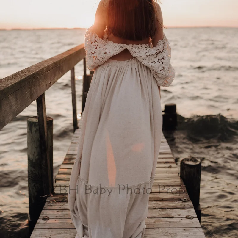 Frauen Boho Kleid zweiteilig Set Fotografie Requisiten Vintage Spitze Top und Leinen Rock Mutterschaft Schwangerschaft Fotoshooting Kleidung