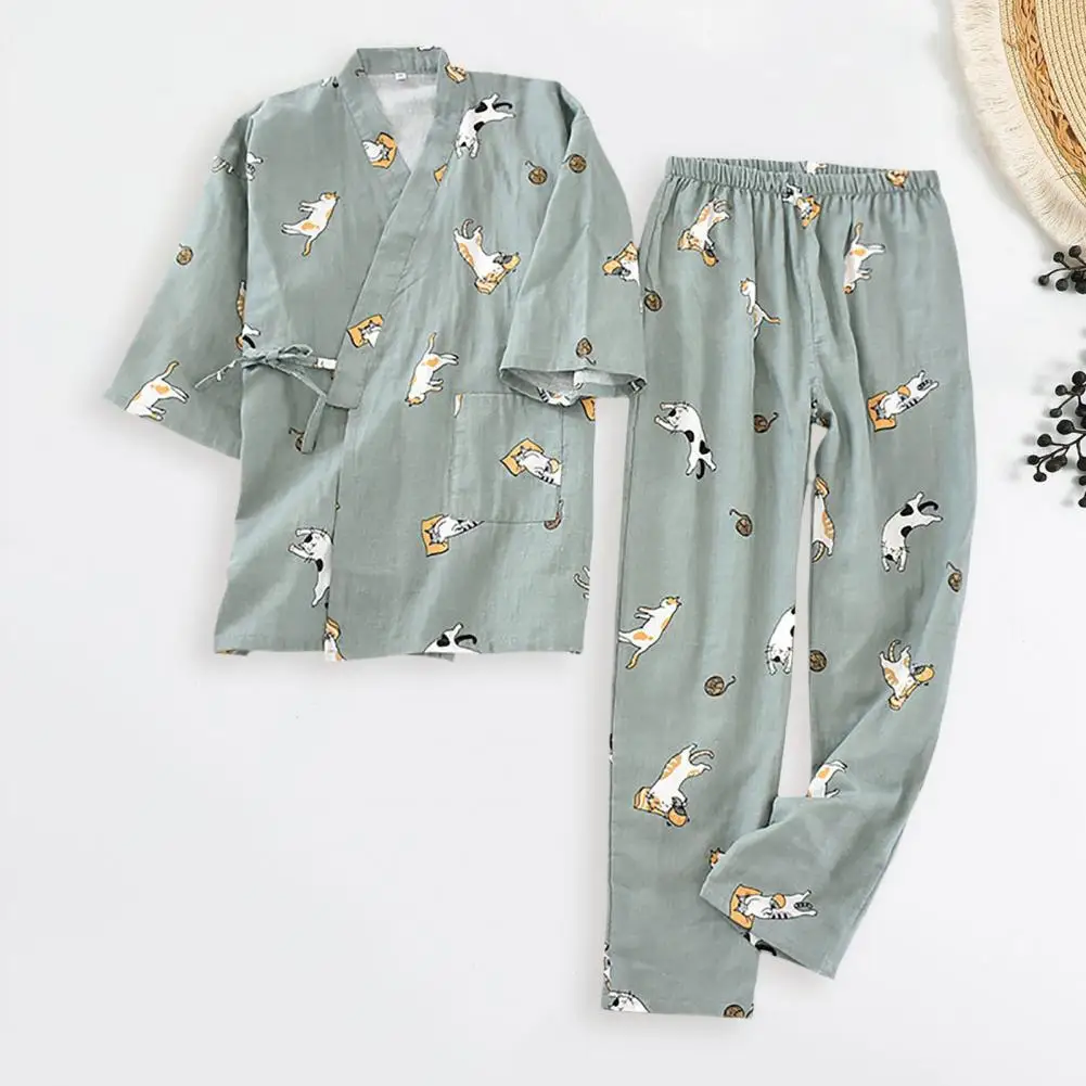 2Pcs Japanese-style Kimono Pajamas Set Cotton Blend Straight Wide Leg Cat Print Tops Long Pants Set Sleeping Home Clothes