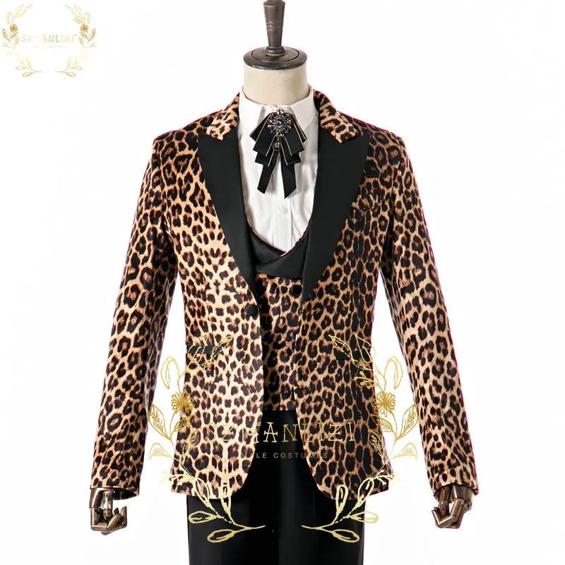 

Fashion Leopard Printed Mens Suit Slim Fit Wedding Groom Tuxedos Peaked Lapel Blazer 3 Pieces Jacket Vest Pants Costume Homme
