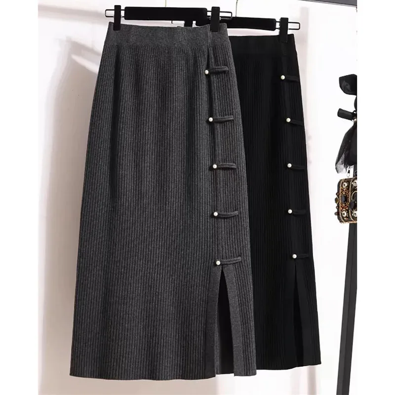 Korean Ladies Fashion High Waist Knitted Maxi Skirt Autumn Femme Sweater Slit A-line Skirts Spring Women Solid Color Long Skirts