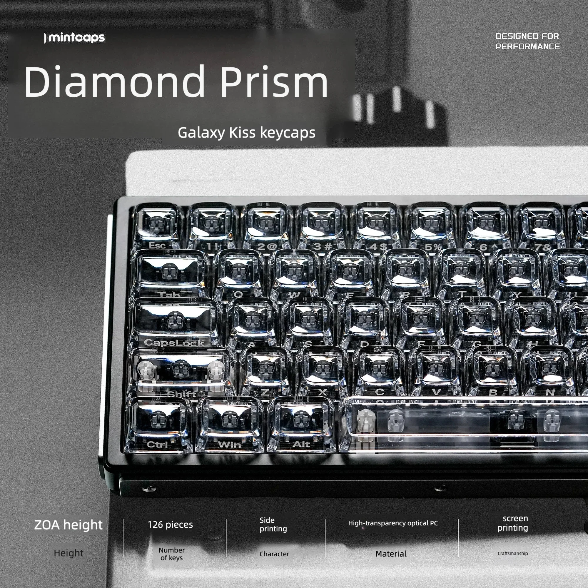 Diamond Prism Galaxy Kiss Keycaps, Ice Crystal Side-Printed, PC126 Keys, ZDA High Customization Keycaps