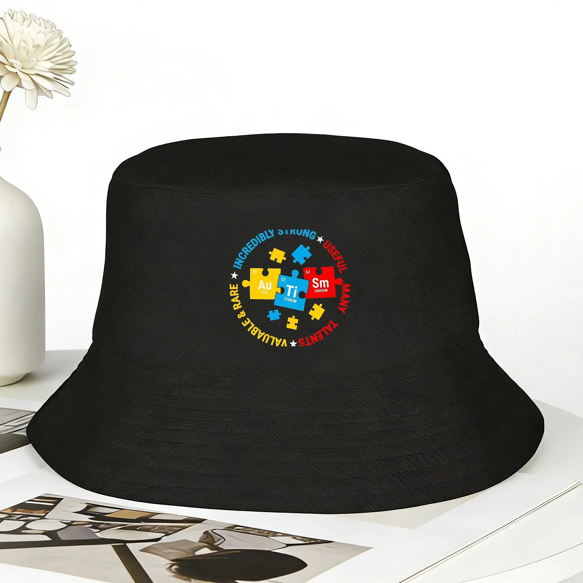 Unisex Autism Periodic Table Puzzle Autism Support Bucket Hat  Soft Fold Fisherman Hats Fishing Caps Outdoor Design Sun Hat