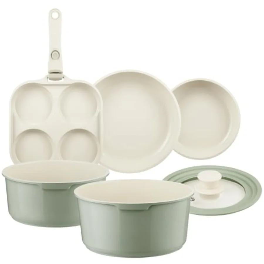 

Ceramic Pots and Pans Set Non Stick Green 7 Pcs Nonstick Cookware Set with Detachable Handle RV Camping Induction Kitchen Cookw