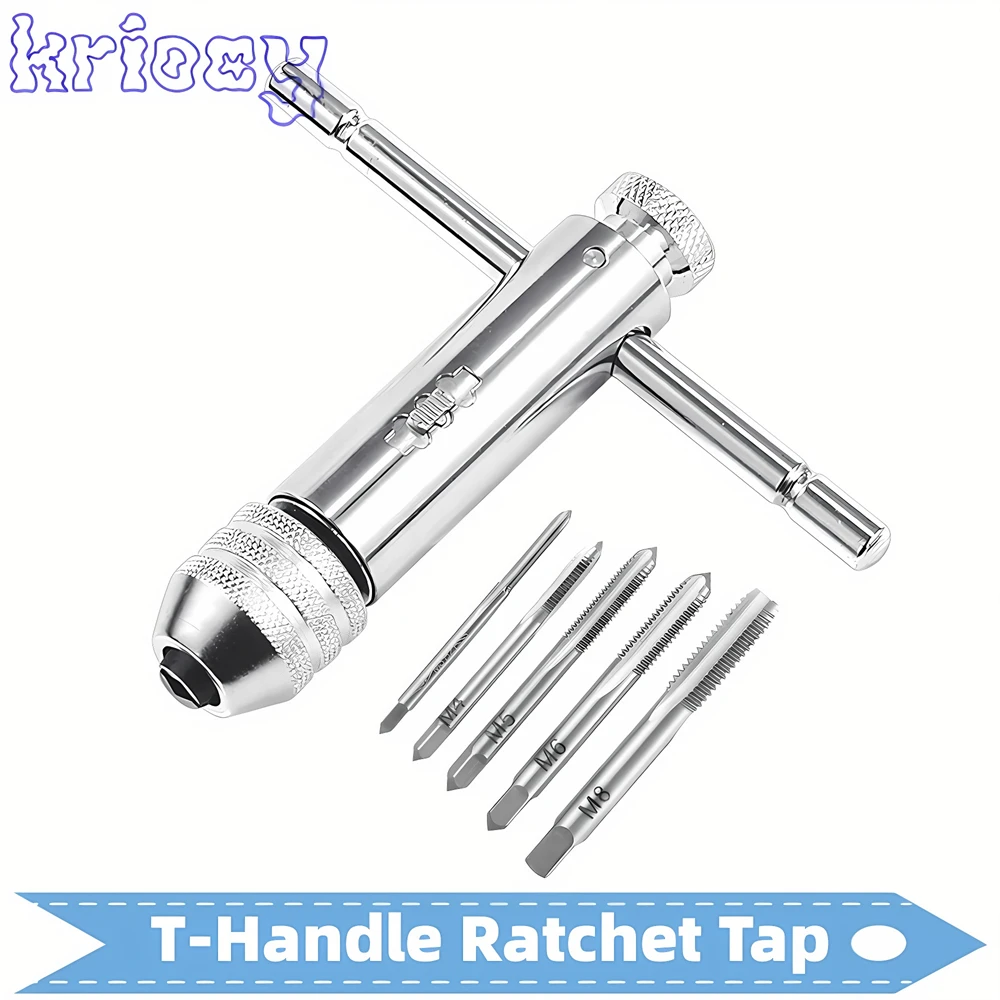 Adjustable Silver T-Handle Ratchet Tap Holder Wrench Set Hand Tools with 5pc M3-M8 Machine Screw Thread Metric Plug T-shaped Tap