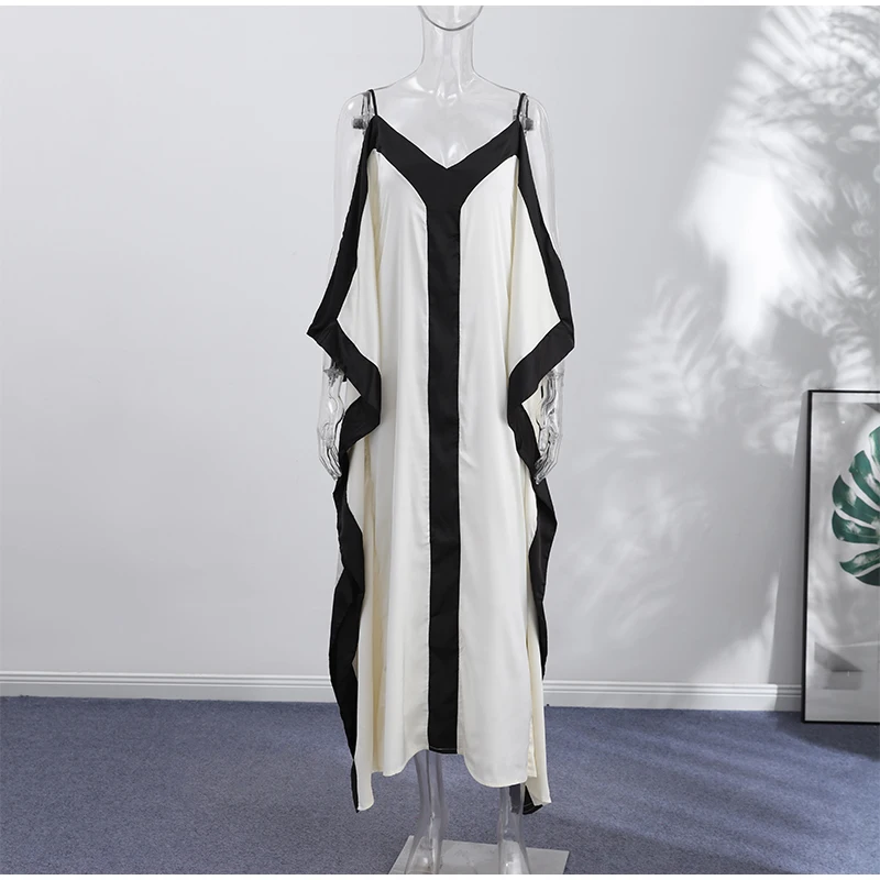 Contrast Black Trim Satin Maxi Dress Deep V Neck Loose Flowy Ruffle Hem Lady Long Gown 2026 Summer Formal Chic Vacation Dresses
