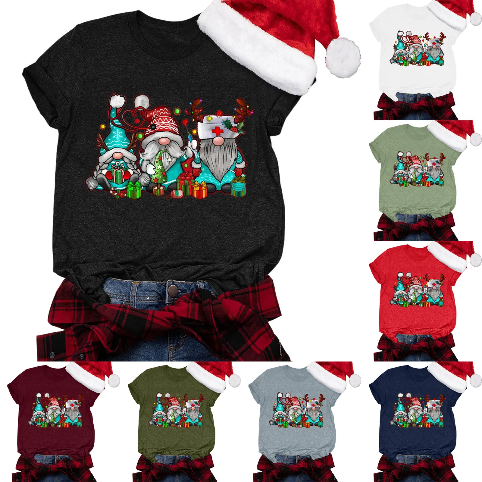 Camisetas con estampado navideño para mujer, Tops de manga corta con cuello redondo, Túnica de Navidad, jerséis de dibujos animados feos, blusa femenina de Año Nuevo