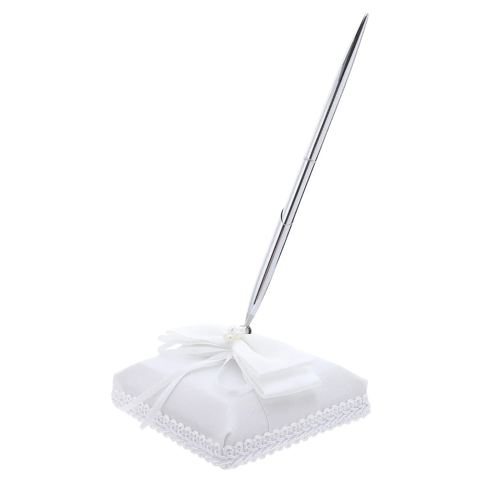 Bridal Guest Book Pen Holder Metal Writing Pen with Romantic Bow Fabric Base for Wedding Graduation Ceremony Sign in Events
